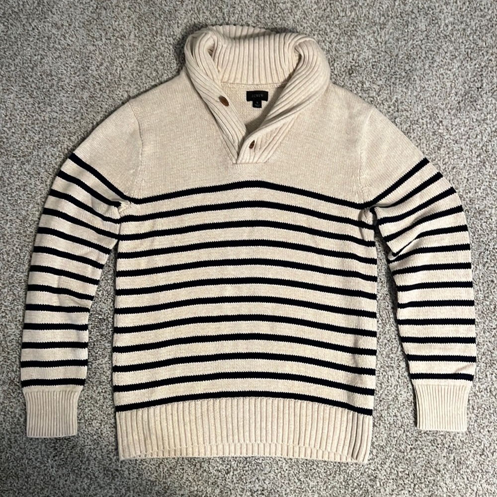COPY - J. Crew Men’s Shawl Pullover Sweater in Cream & Navy Stripe. New W/Out T…